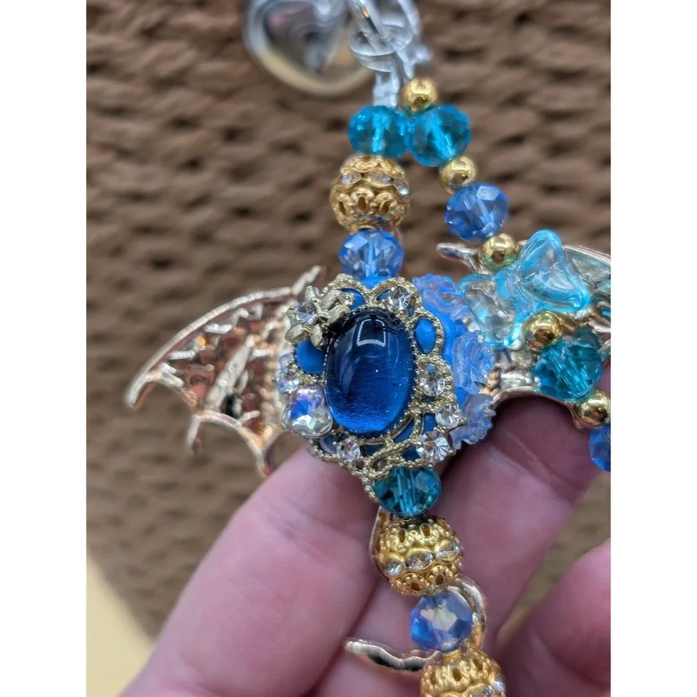Blue & Gold Dragon Purse/Phone Charm Beaded Handbag Accessory Jewelry Charm NEW